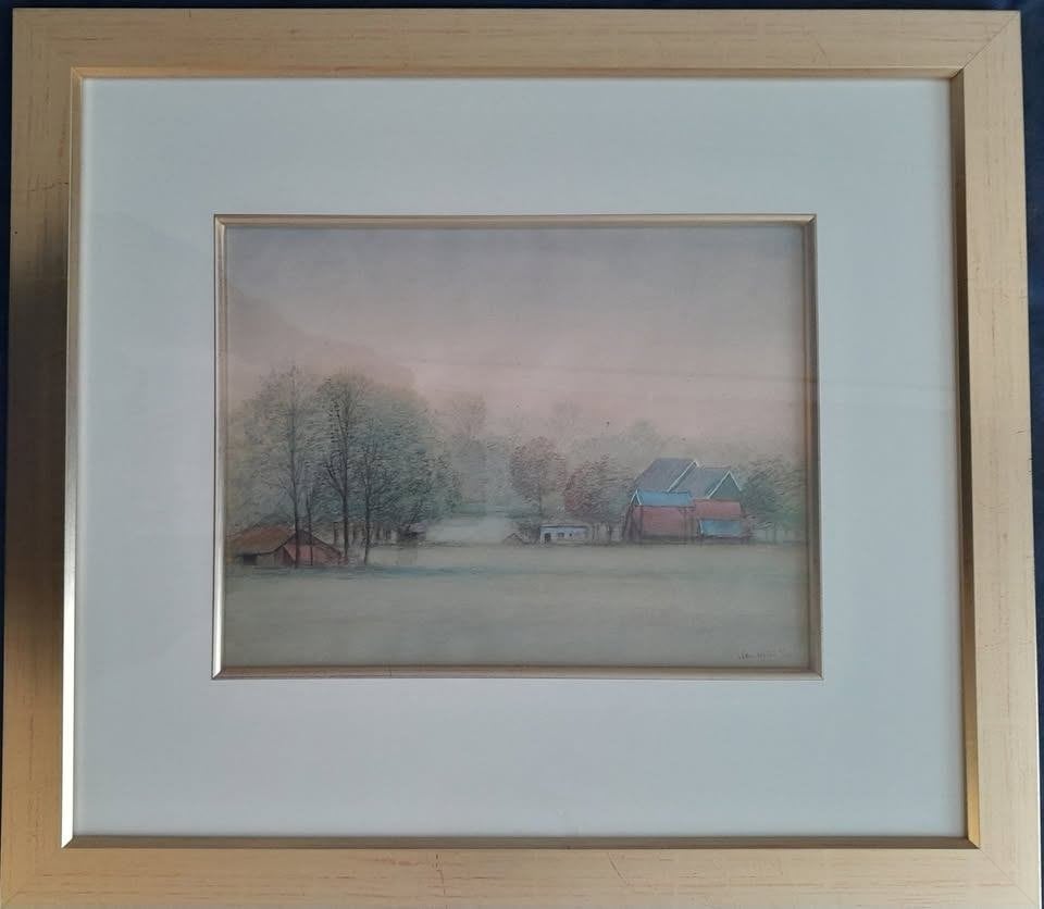 Hengelo landschap 2 schilderijtjes 1961 in luxe lijst, Ophalen, Gebruikt, Oorspronkelijke maker, Schilderij