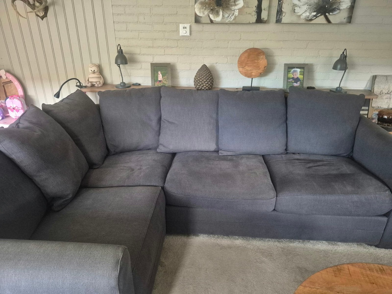 Comfortabele Hoekbank - Grijs Stof- 250 x 180., Ophalen, Gebruikt, Minder dan 75 cm, Hoekbank