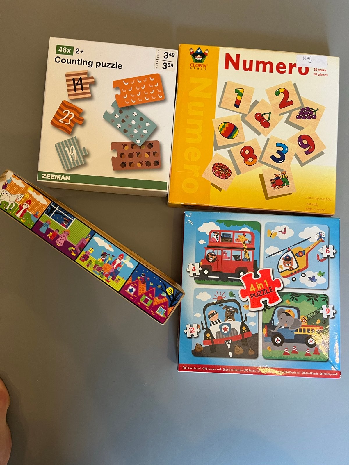 Teab Diverse puzzels en telspel: Sinterklaas, auto's, tellen, 2 tot 4 jaar, Gebruikt, Van hout, Meer dan 50 stukjes