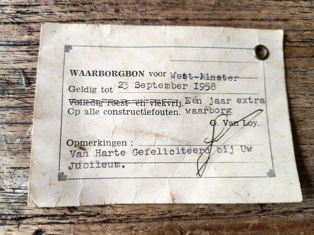 Waarborgbon Huis Van Loy - Van Dorst Noorderwijk klok 1957 !, Ophalen of Verzenden