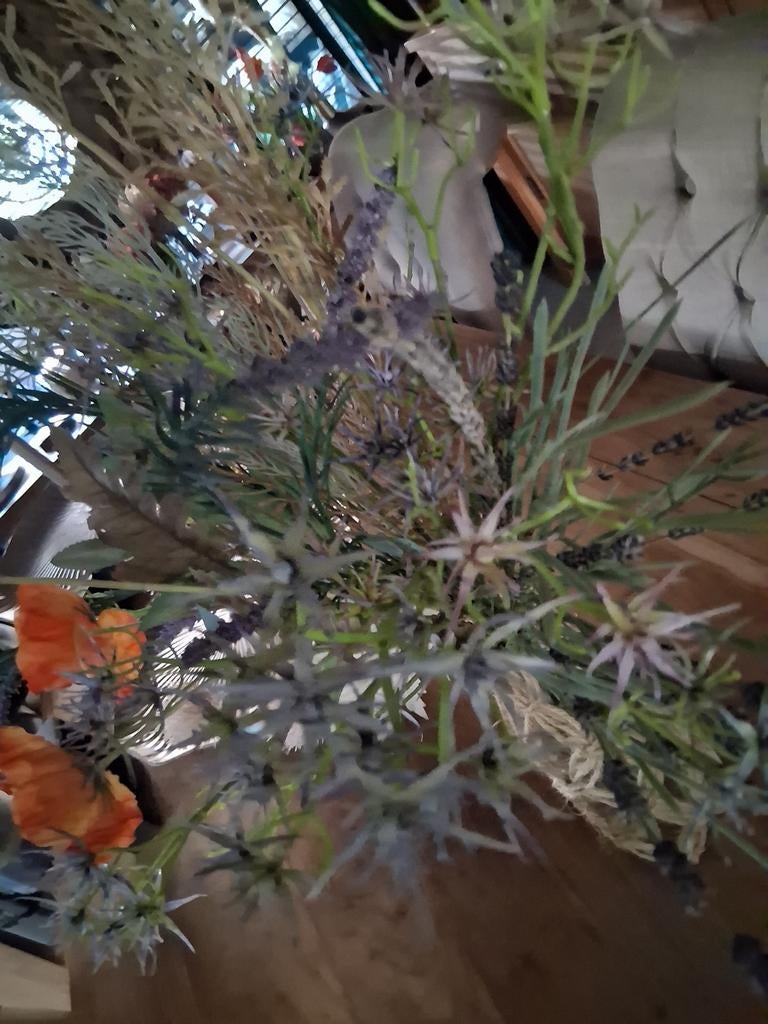 Mooi boeket kunstbloemen in macramé vaas, Ophalen, Overige materialen, 50 tot 75 cm, Oranje