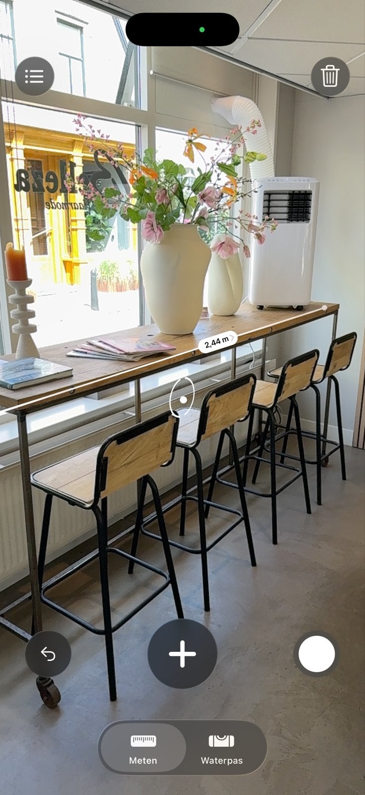 Hoge staantafel staal met eikenhout incl. 4 krukken, Ophalen, Zo goed als nieuw, Rechthoekig, Hout