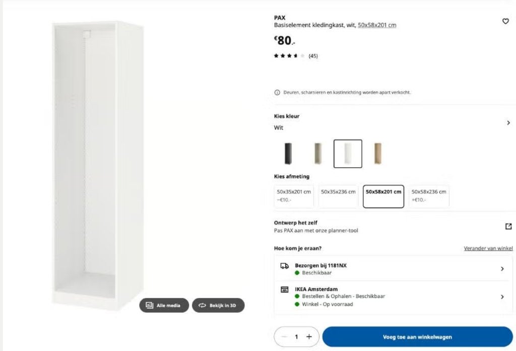 Pax Ikeakast 100 x 58 x 200, Huis en Inrichting, Kasten | Kledingkasten, Ophalen, 200 cm of meer, Nieuw, 50 tot 100 cm