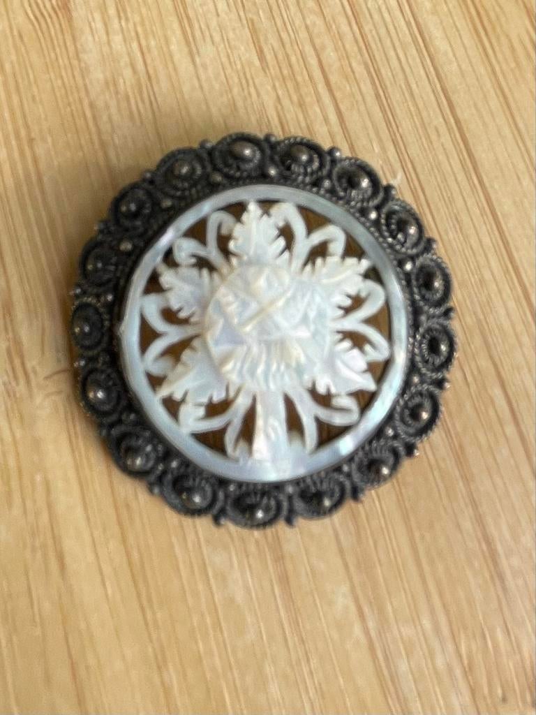 Vintage Jerusalem Zilveren Broche met Parelmoer, Ophalen of Verzenden, Gebruikt, 4 tot 7 cm, Zilver