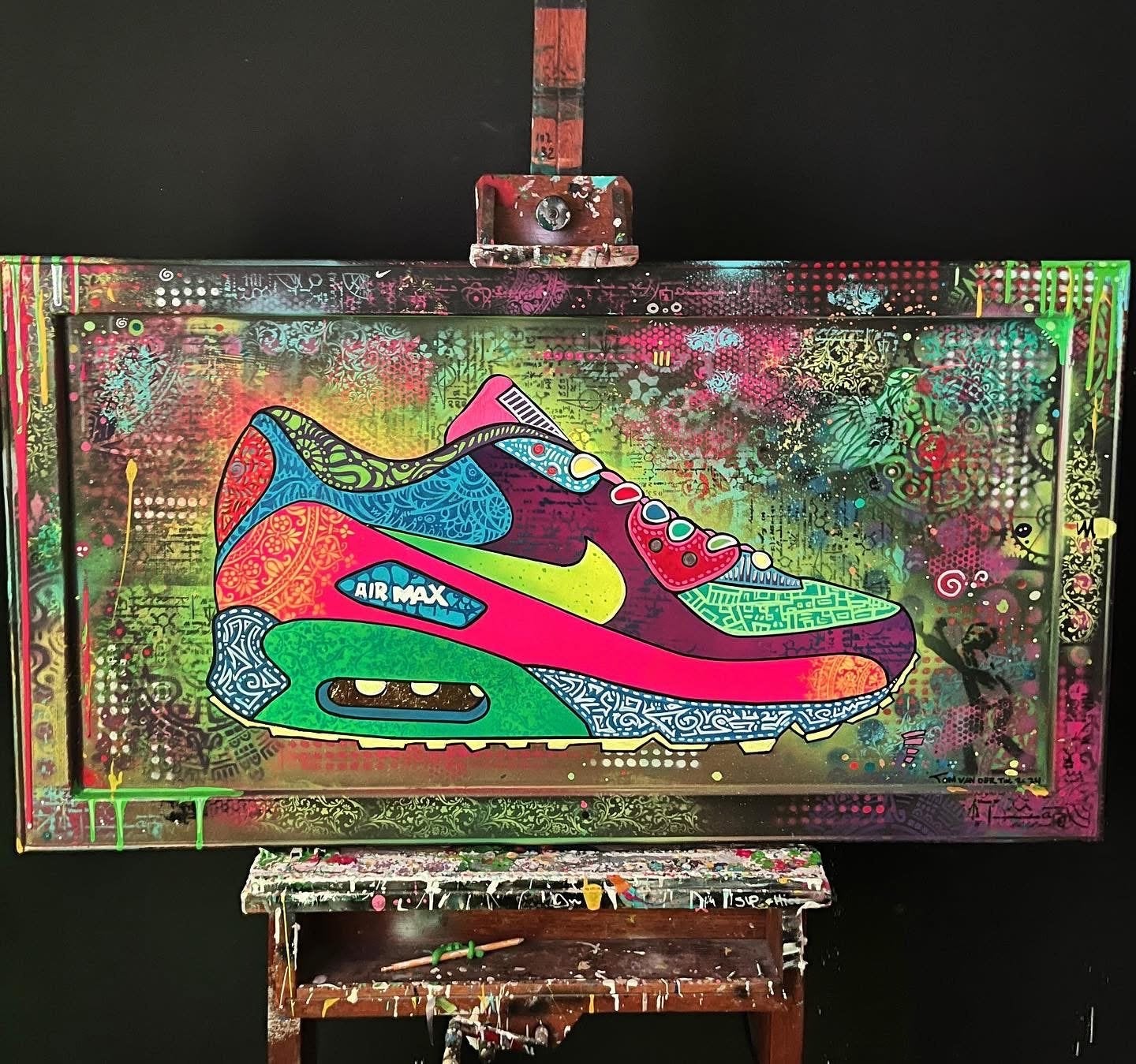 Nike Air Max sneaker kunstwerk op doek, Ophalen, Acrylverf, Overig onderwerp, Handgeschilderd