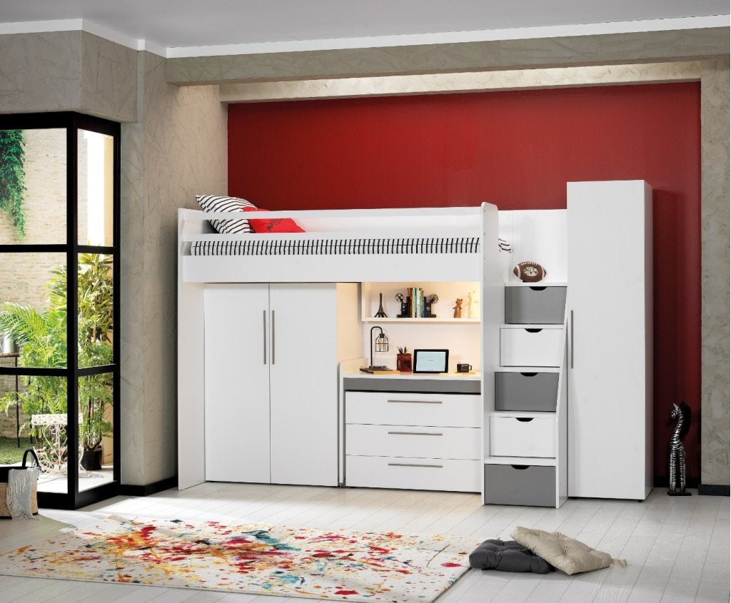 Neo hoogslaper met bureau en twee kledingkasten - 90x200 - W, Niet ingevuld, Niet ingevuld, Niet ingevuld