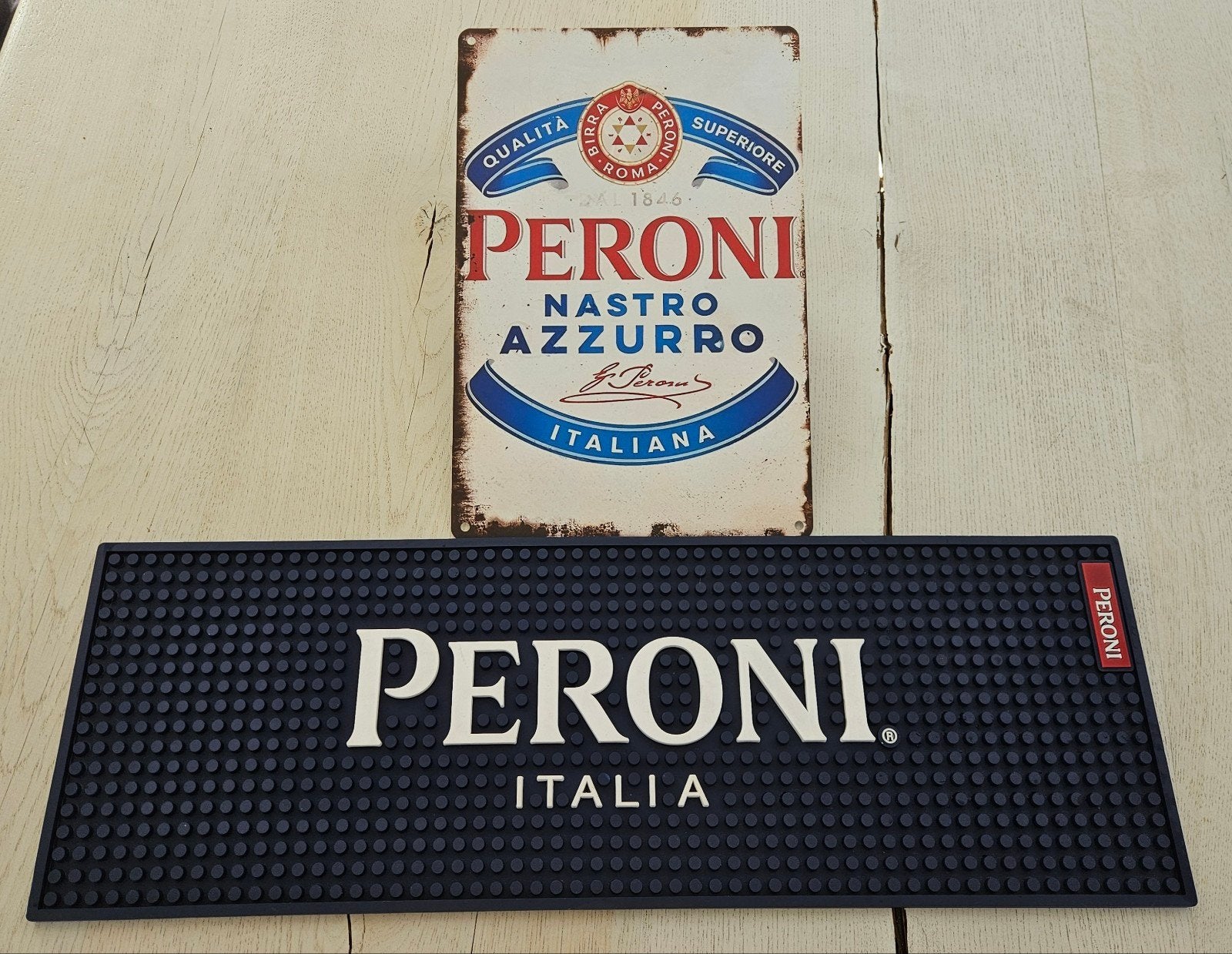 Peroni Nastro Azzurro Reclamebord en Bar Mat Set, Ophalen of Verzenden, Gebruikt, Reclamebord