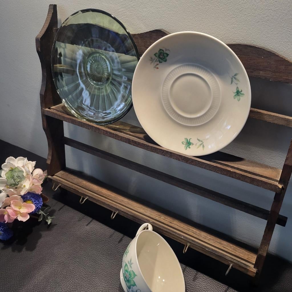Vintage houten bordenrek / wandrek 36x33 cm, Ophalen of Verzenden, Gebruikt