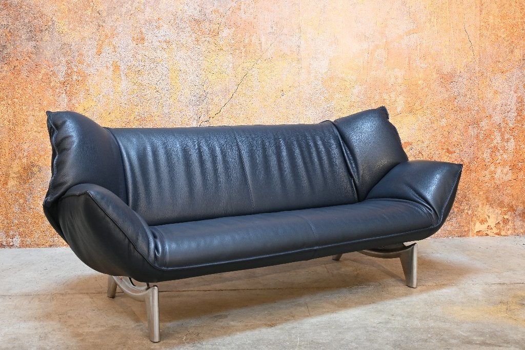 ZGANieuw blauwe leren Leolux Tango design bank, Huis en Inrichting, Leolux, Leolux, Driepersoons, 75 tot 100 cm