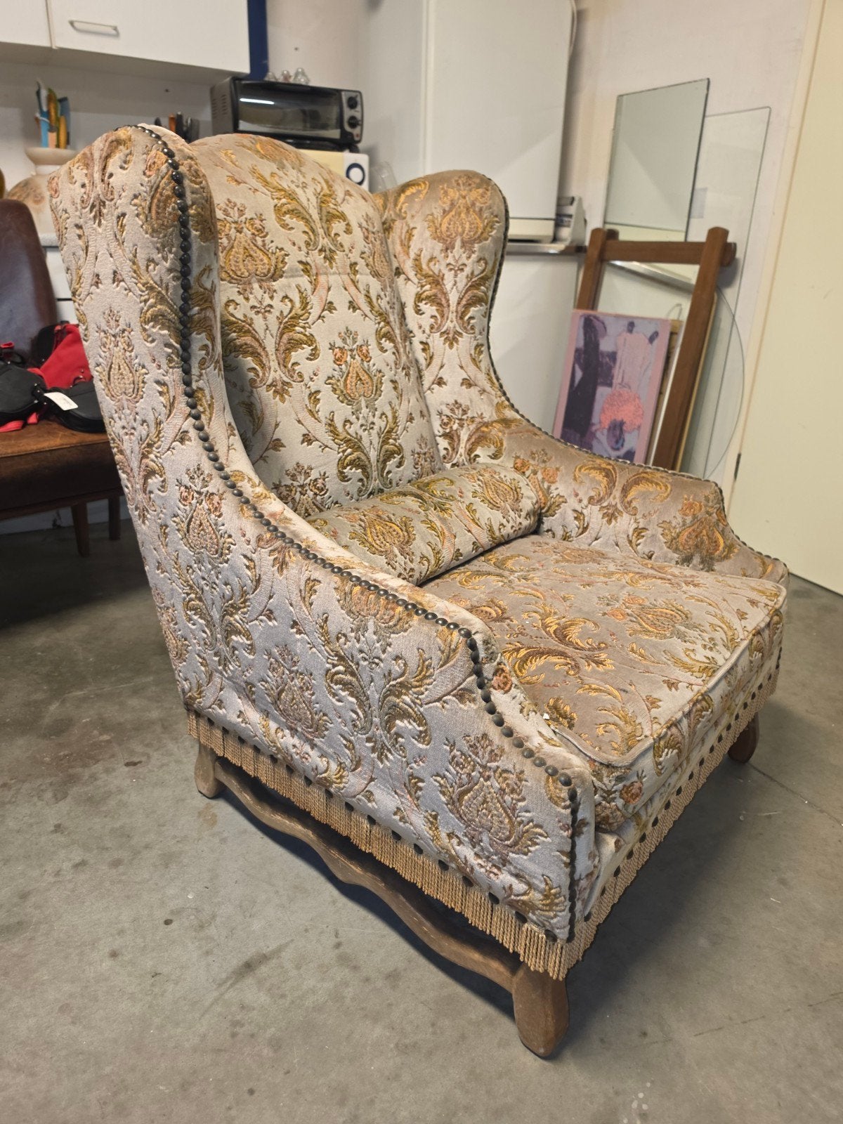 Vintage Fauteuil met Oorflappen en Damastpatroon, Ophalen of Verzenden