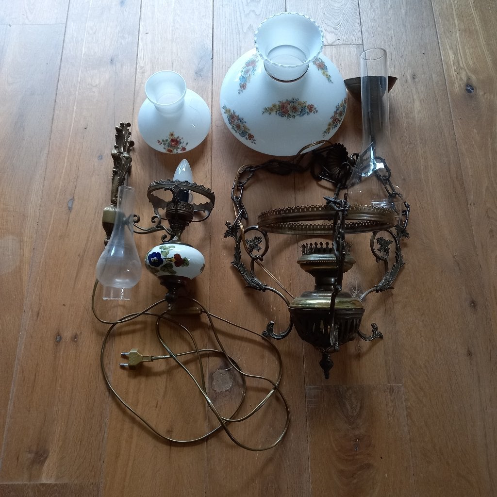 Vintage set plafond en wandlamp met glaskelken, Huis en Inrichting, Ophalen, Gebruikt, E27 (groot), Glas