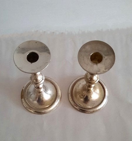 Stel vintage verzilverde BMF Kandelaars met Parelrand, Gebruikt, Ophalen of Verzenden, Metaal, Kandelaar