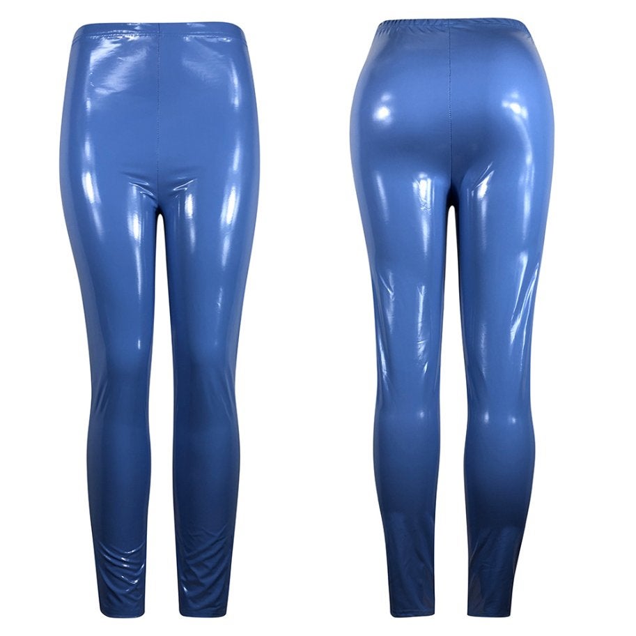 Blauwe glimmende legging wetlook leren lak dames broek, Maat 38/40 (M), Nieuw, Lang, Verzenden