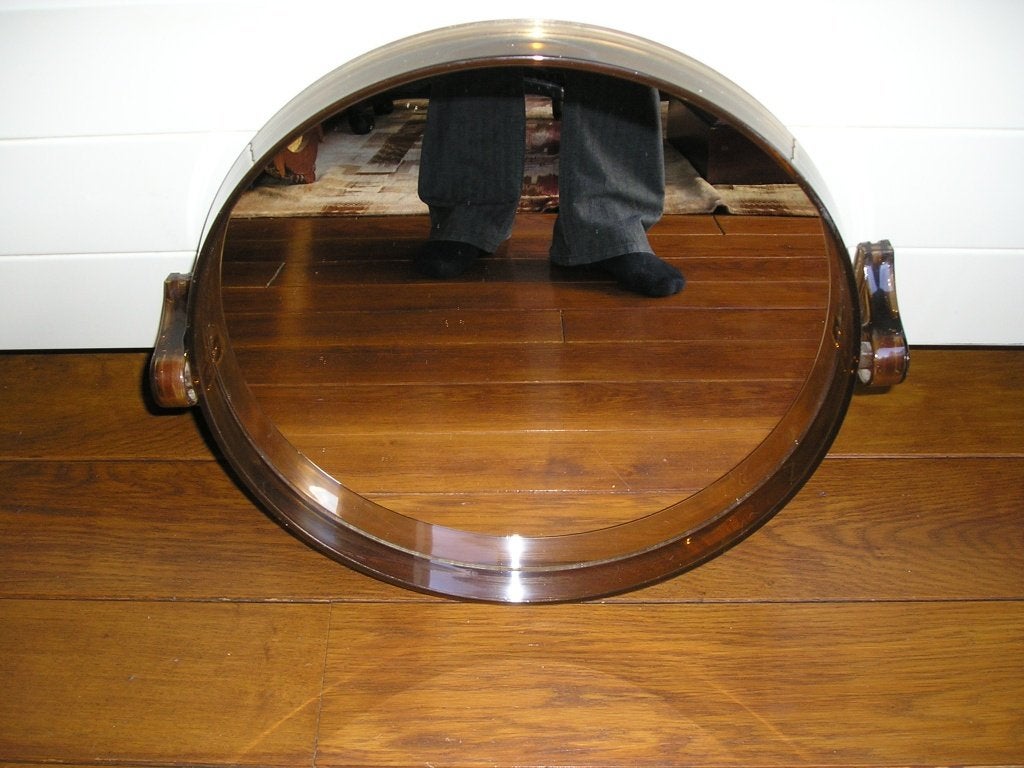 Sixties spiegel kunststof bruin rond kantelbaar, Antiek en Kunst, Curiosa en Brocante, Ophalen of Verzenden