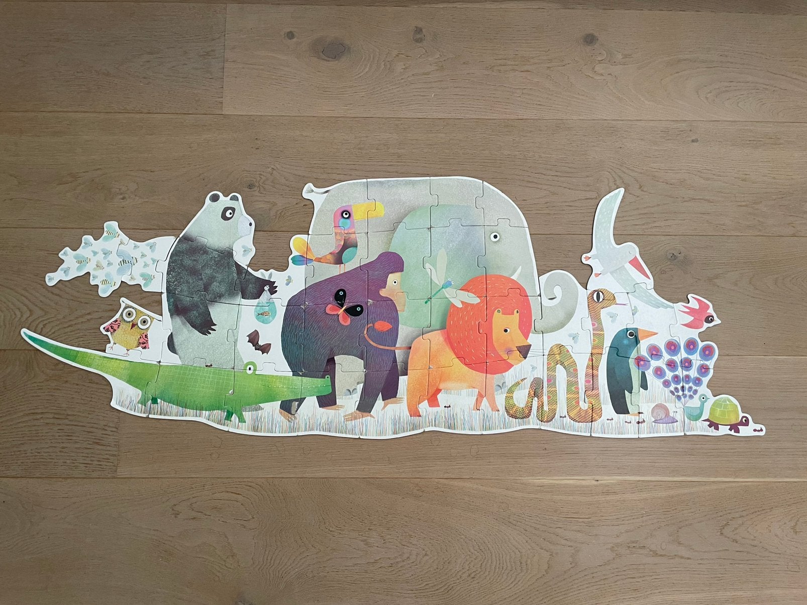 Te koop: Djeco vloer puzzel dieren 36 stukjes 1.33 meter, Ophalen of Verzenden, 10 tot 50 stukjes, Gebruikt, 2 tot 4 jaar