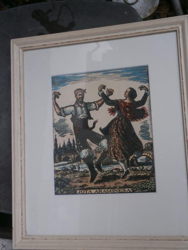 2 Spaanse Kleuren Houtsnedes in lijstjes Castella Marti, Antiek en Kunst, Ophalen, Dagelijks leven, Houtsnede, 1900 - 1949
