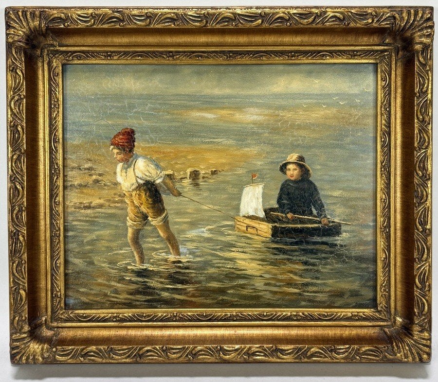 215. Olieverfschilderij – strandtafereel, 19e eeuw, Antiek en Kunst, Ophalen