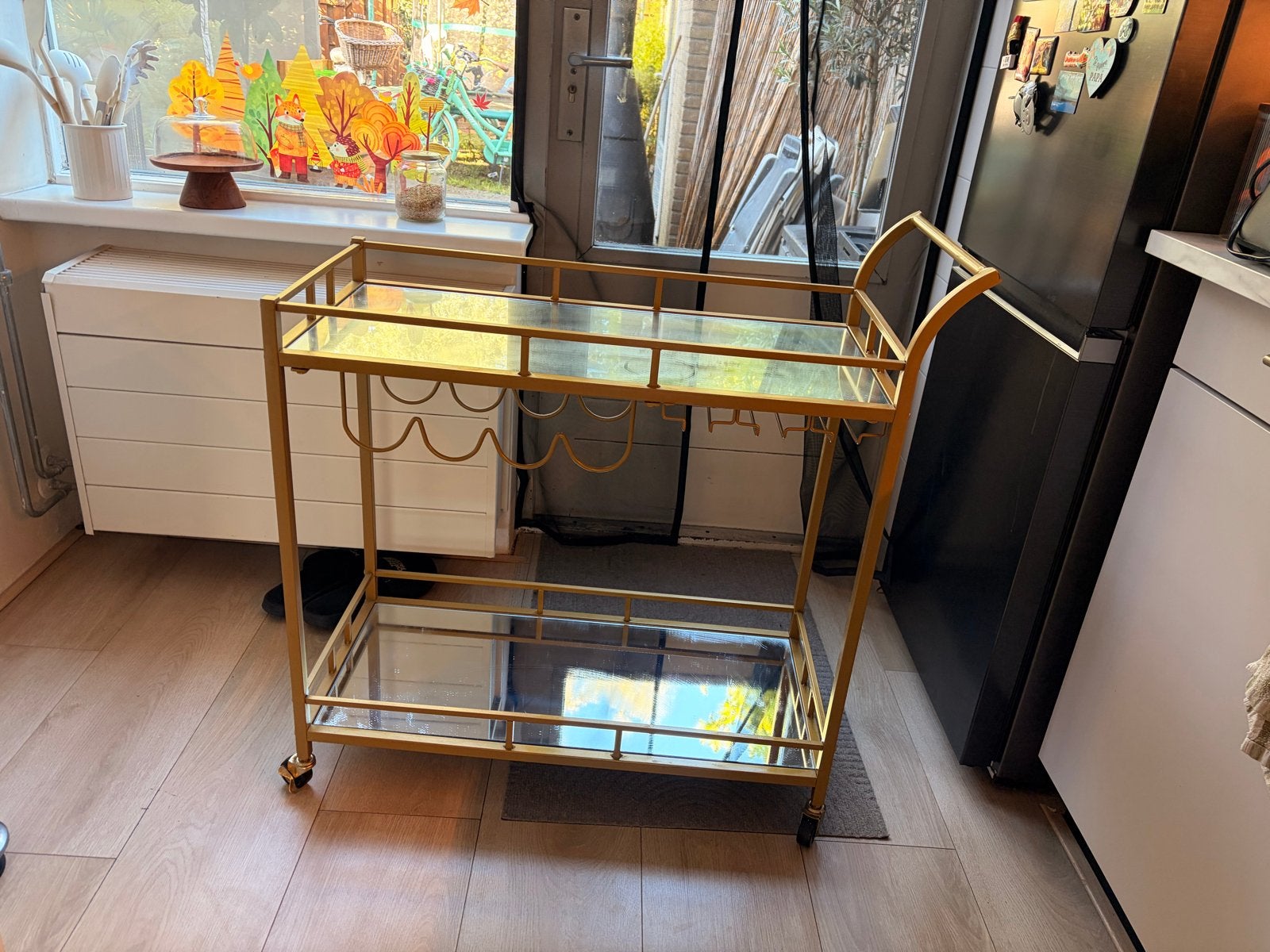 Gouden serveerwagen / barcart met glas en spiegel, Ophalen, Zo goed als nieuw, Goud, Metaal