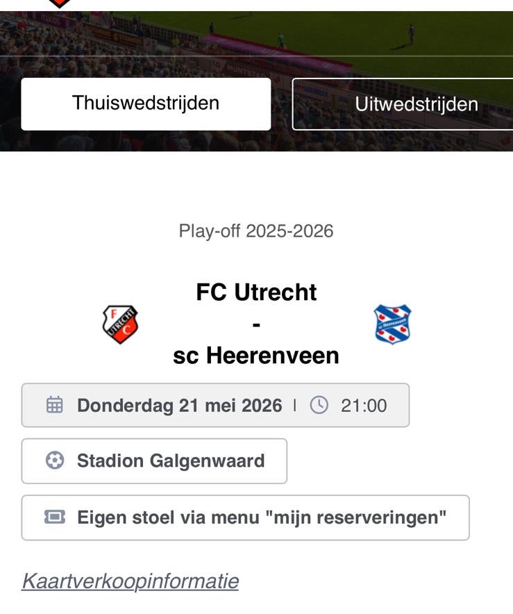 Ticket FC Utrecht - SC Heerenveen (Bunnikside) Play-offs, Losse kaart, Eén persoon, Mei