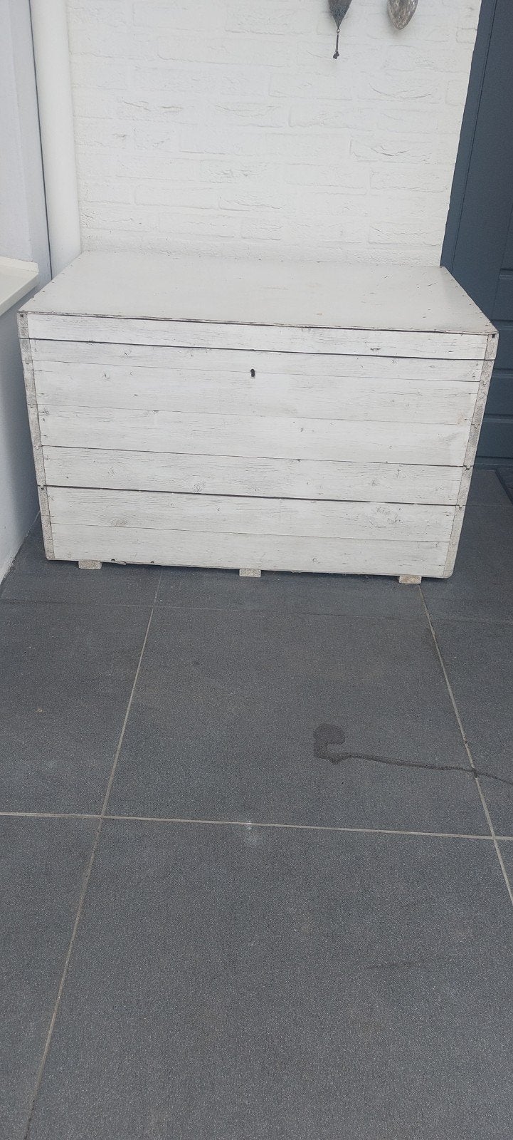 Vintage houten kist - Opbergkist - Wit/Blauw, Ophalen, Gebruikt, 100 tot 150 cm, 75 tot 100 cm