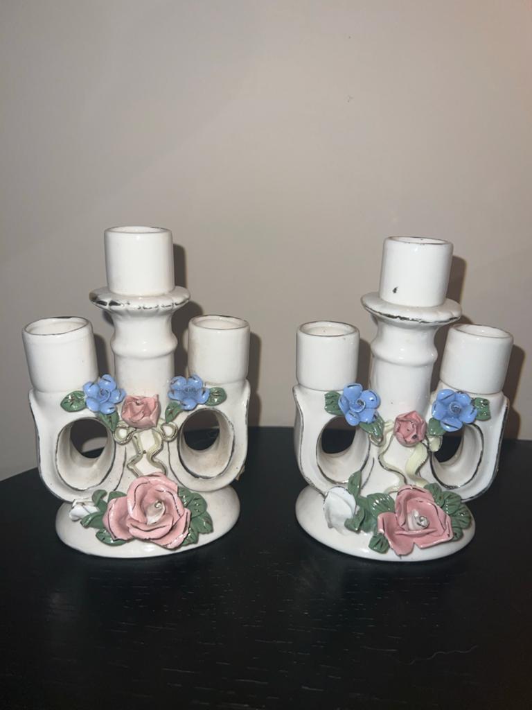 Vintage Kandelaars met Bloemen - Set van 2, Ophalen of Verzenden