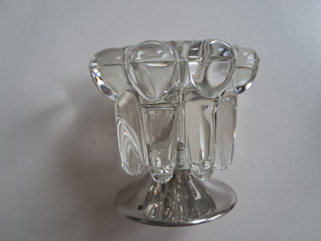Waxinelicht houder van kristal met verzilverde voet, Gebruikt, 7 cm, Waxinelichthouder, Ophalen of Verzenden