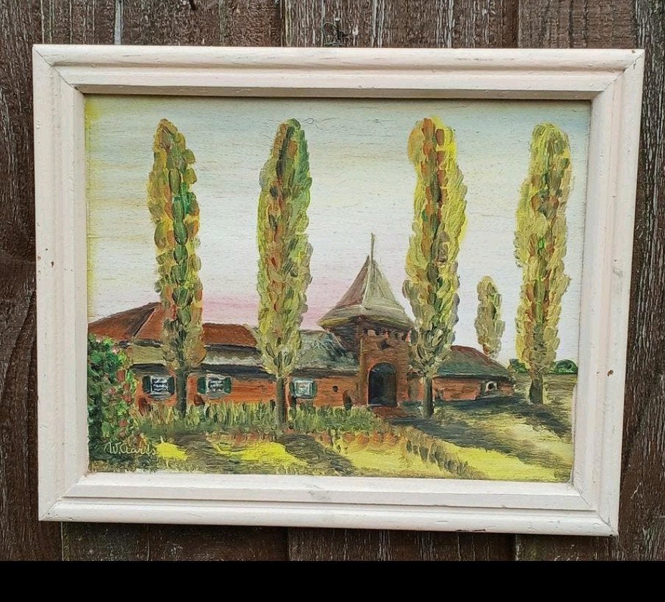 Schilderij W. Claerdt - Boerderij met populieren, Antiek en Kunst, Kunst | Schilderijen | Klassiek, Doek, Realistisch, Origineel werk