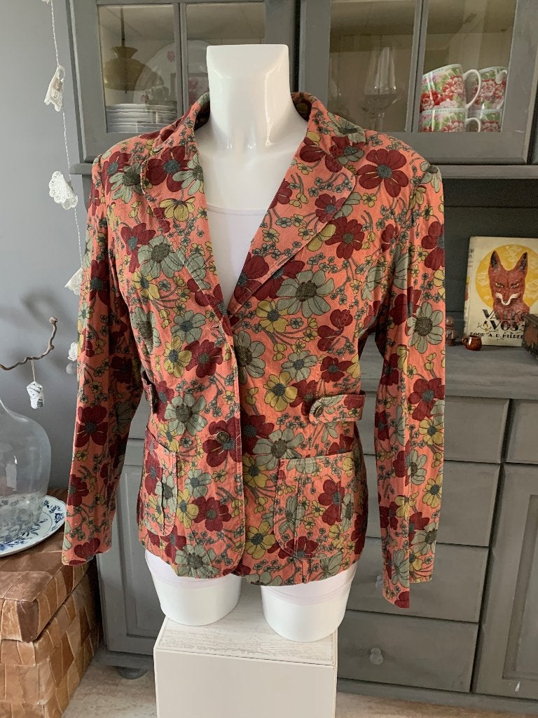 Retro ribstof blazer Y-land zalmroze bloemenprint maat M, Maat 38/40 (M), Y-land, Ophalen of Verzenden, Jasje