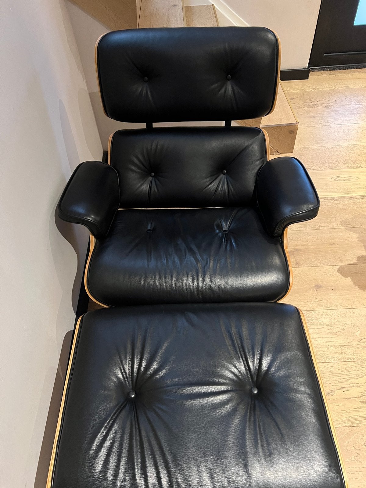 Eames Lounge Chair & Ottoman - Zwart Leer  GEEN ORIGINELE, Ophalen, Zwart, Zo goed als nieuw, Eén