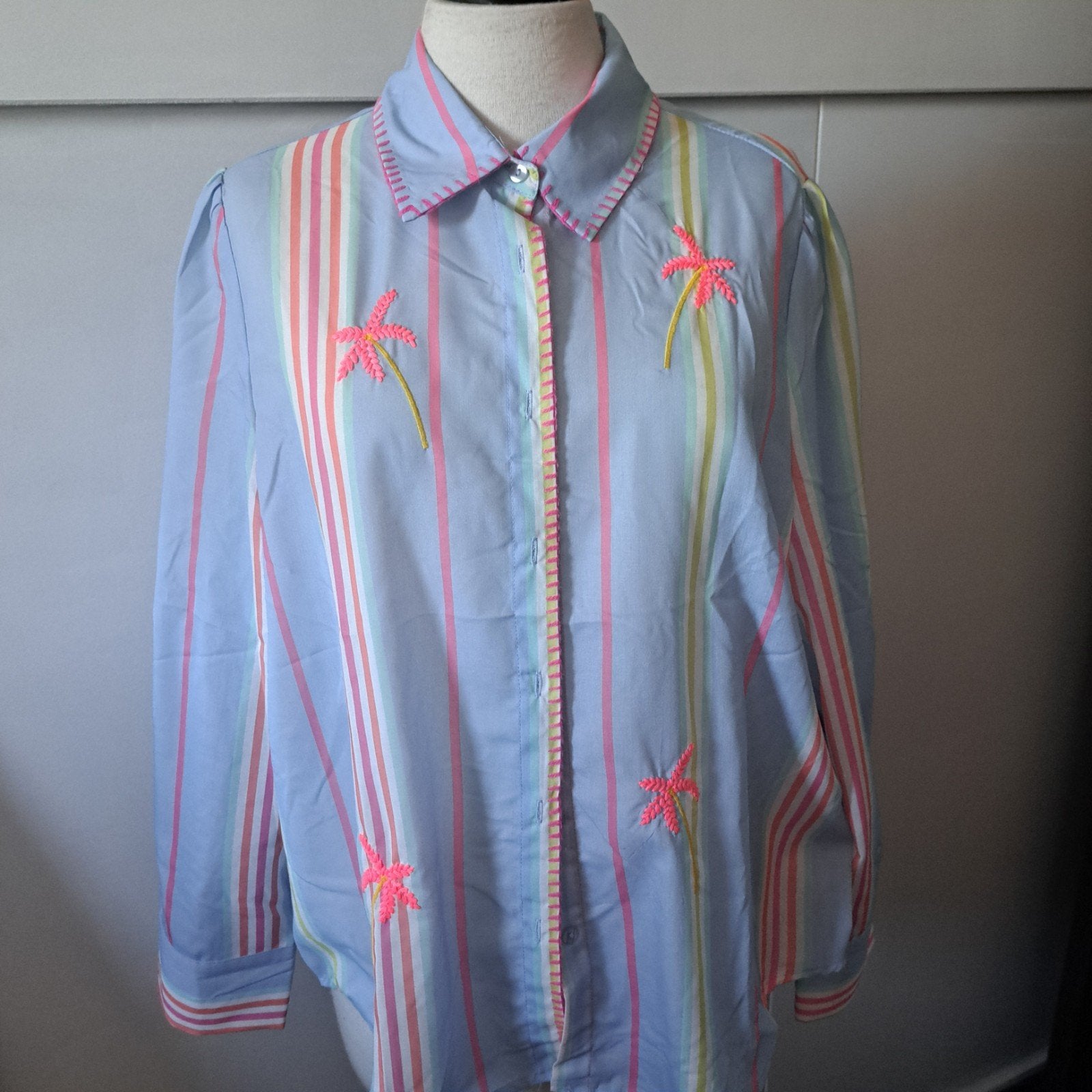 Blouse met strepen en roze palmbomen, maat 38/40, Verzenden, Zo goed als nieuw, Maat 38/40 (M), Roze
