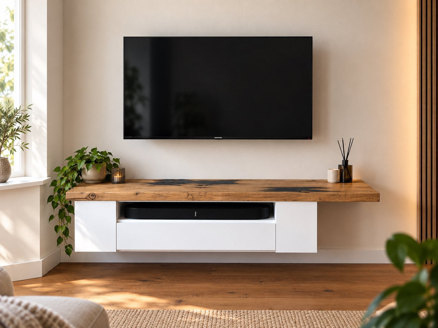 Zwevend tv-meubel met massief houten blad – 160 cm, Huis en Inrichting, Kasten | Televisiemeubels, Ophalen, 150 tot 200 cm, Zo goed als nieuw