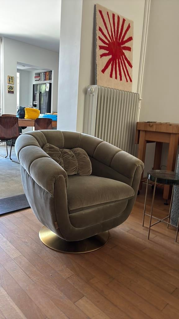Dutchbone Draaibare stoel groen fluweel, goudkleurige voet., Huis en Inrichting, Stoelen, Ophalen, Gebruikt, Hotel chic, Overige kleuren