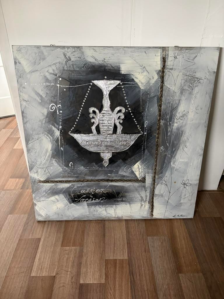 Groot industrieel schilderij 100 cm  met structuur & metaal, Ophalen, Zo goed als nieuw, Schilderij, 75 cm of meer