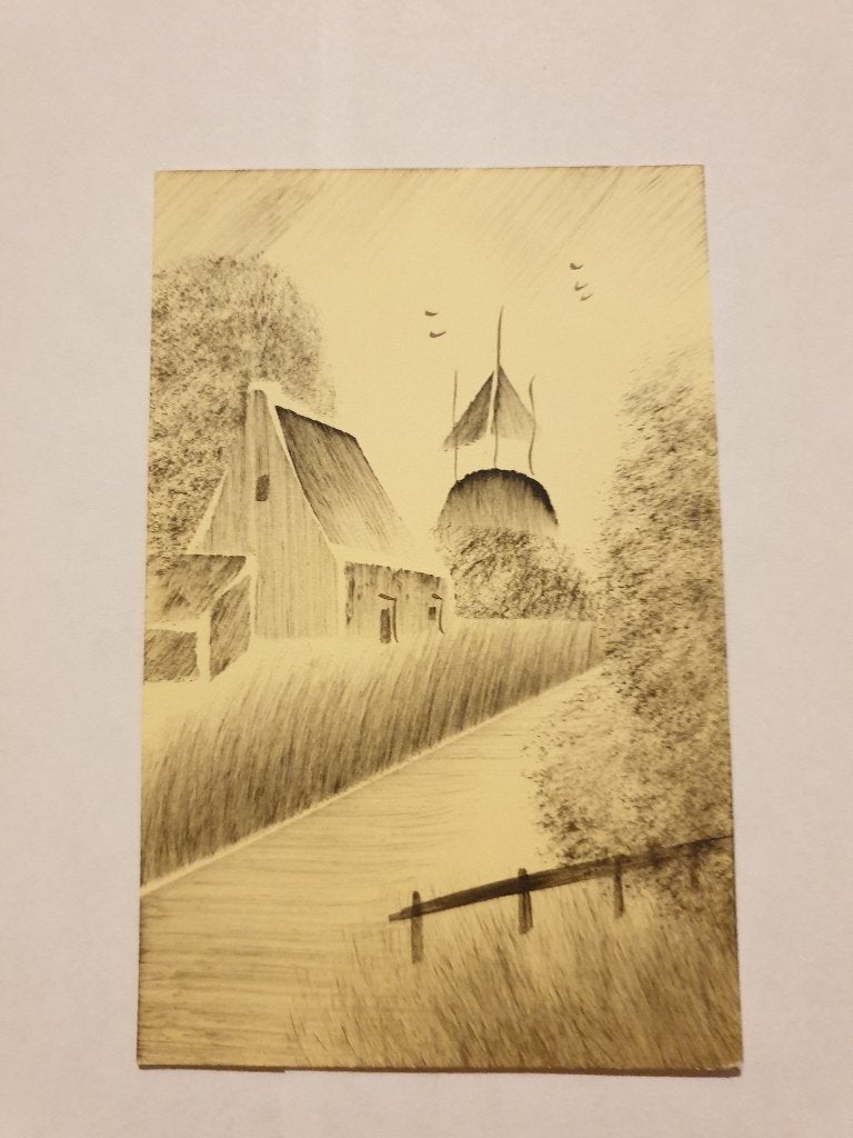 0797 briefkaart potloodtekening boerenschuur met hooiberg, Verzenden, Voor 1920