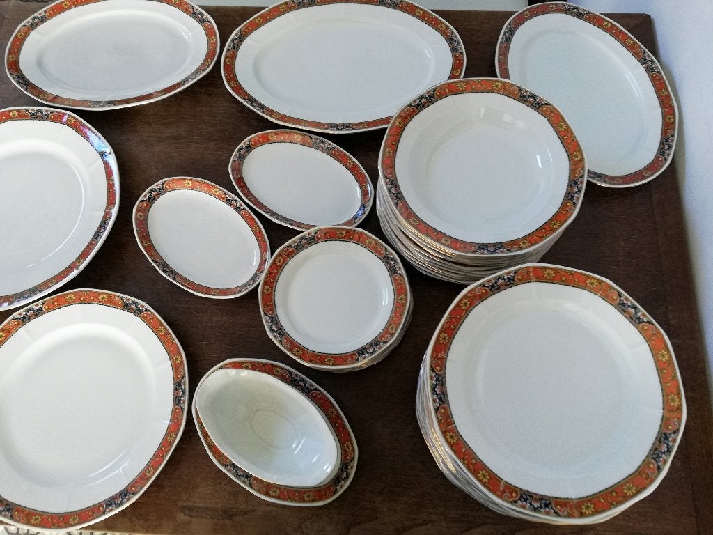 Prachtig vintage eetservies oranje/zwarte decorrand >12 pers, Ophalen, Zo goed als nieuw, Bord(en), Overige stijlen