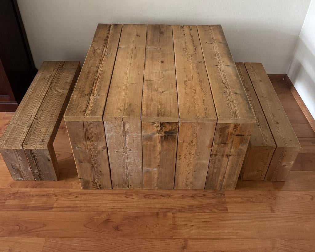 Steigerhouten tafel met twee bankjes voor binnen/buiten, Huis en Inrichting, Tafels | Eettafels, Ophalen, Gebruikt, 100 tot 150 cm