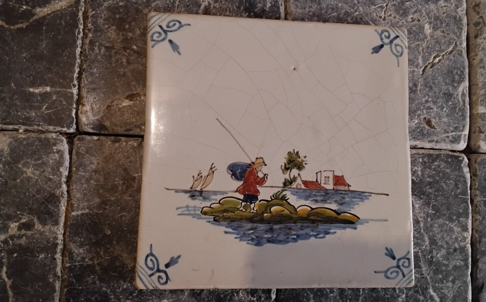 Tichelaar Makkum Tegel 12,5x12,5 cm Visser Landschap, Ophalen