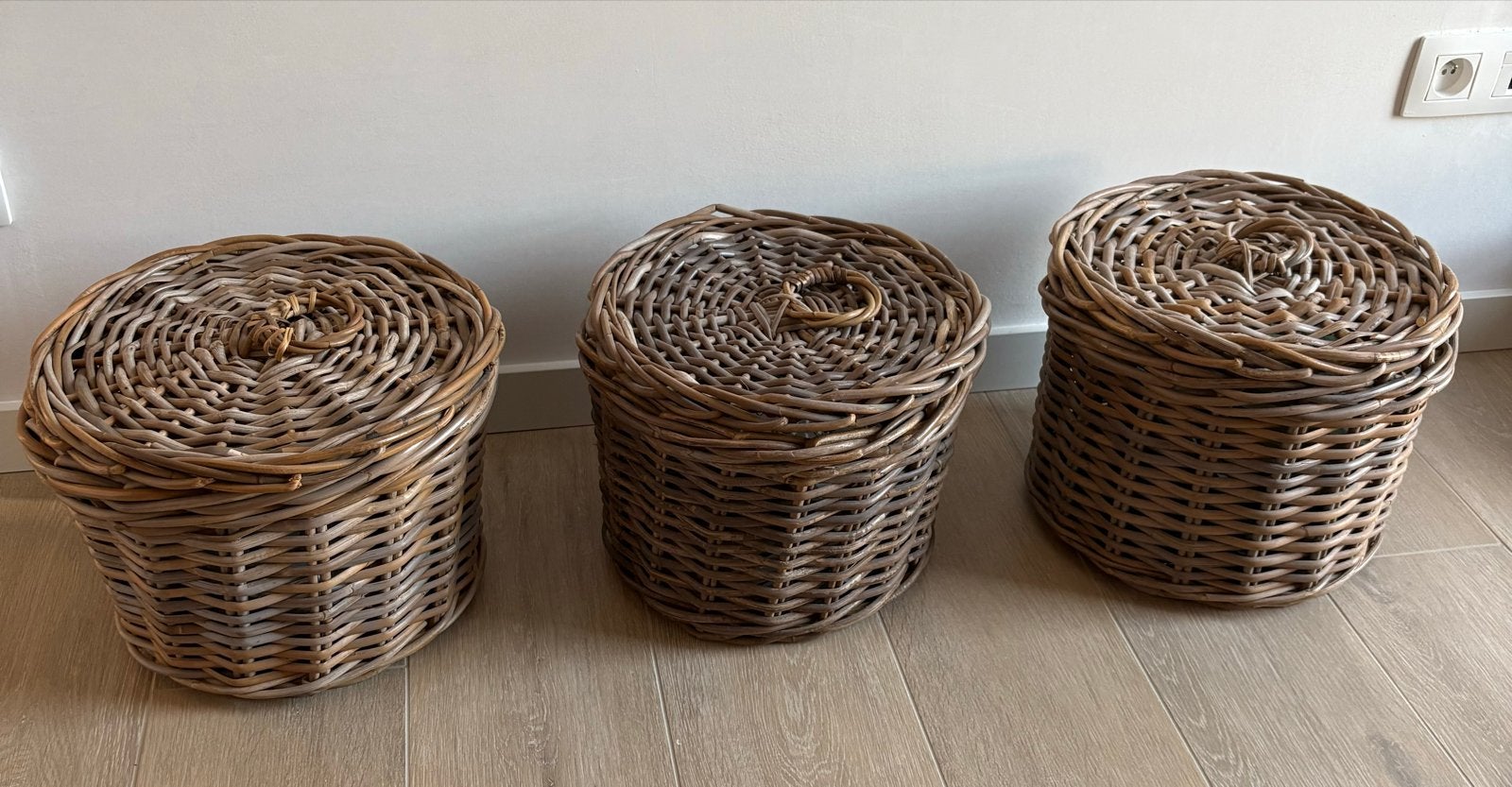 Set van 3 rotan manden met deksel, Ophalen, Gebruikt, Mand, Rond