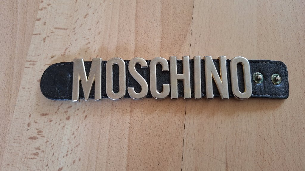 Vintage MOSCHINO Logo Armband – 90s – Leer & Metaal, Ophalen of Verzenden, Gebruikt, Zwart, Leer