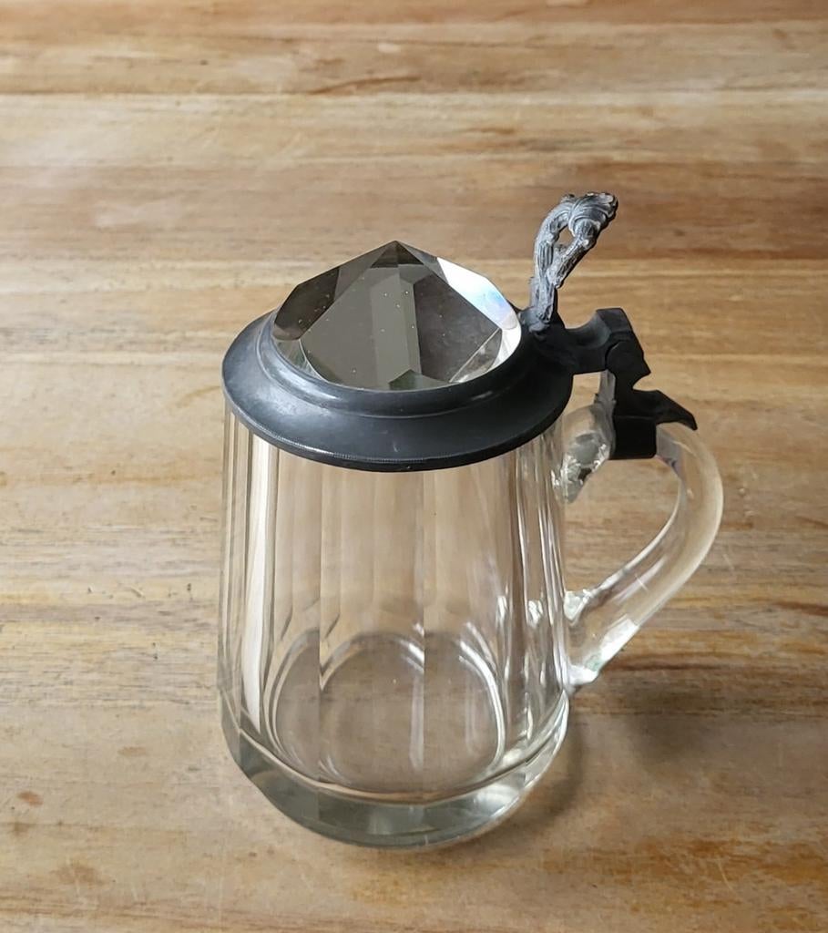 Oude glazen bierpul met deksel van tin en glas, Ophalen of Verzenden