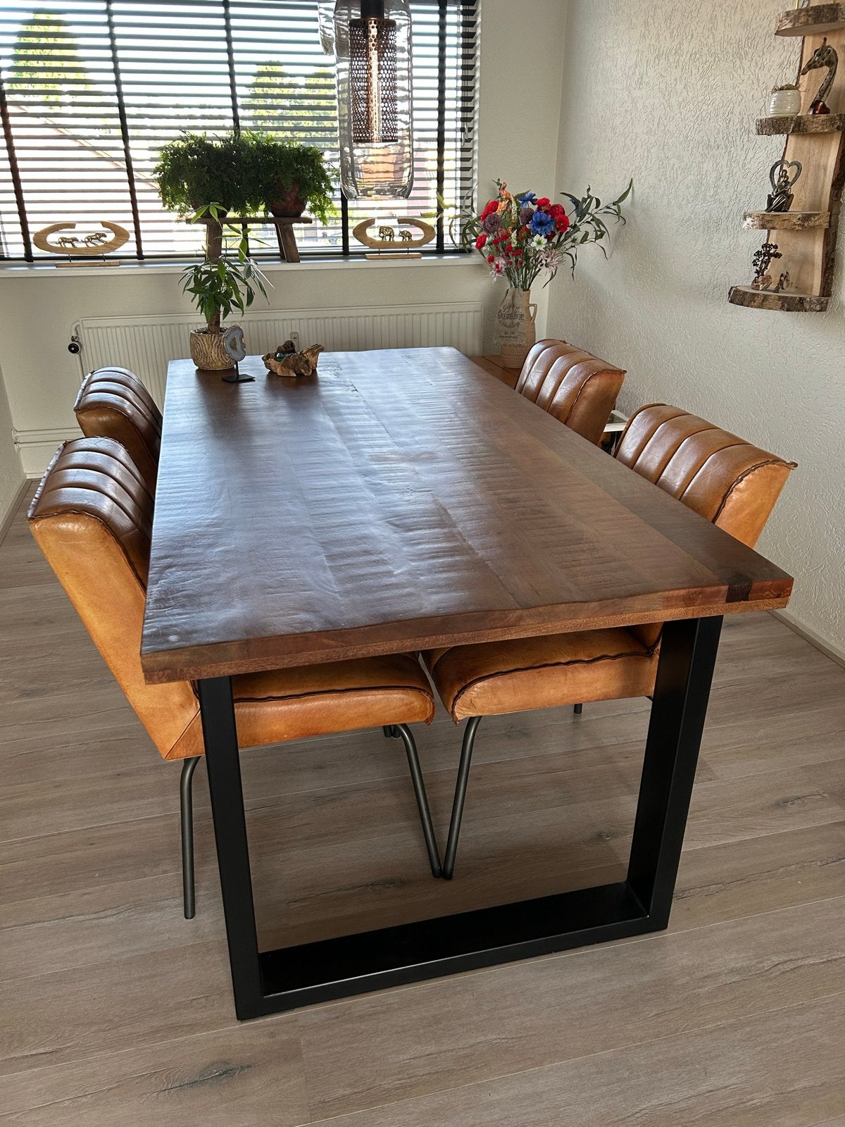 Set van 4 leren eetkamerstoelen cognac, Ophalen, Gebruikt, Bruin, Leer