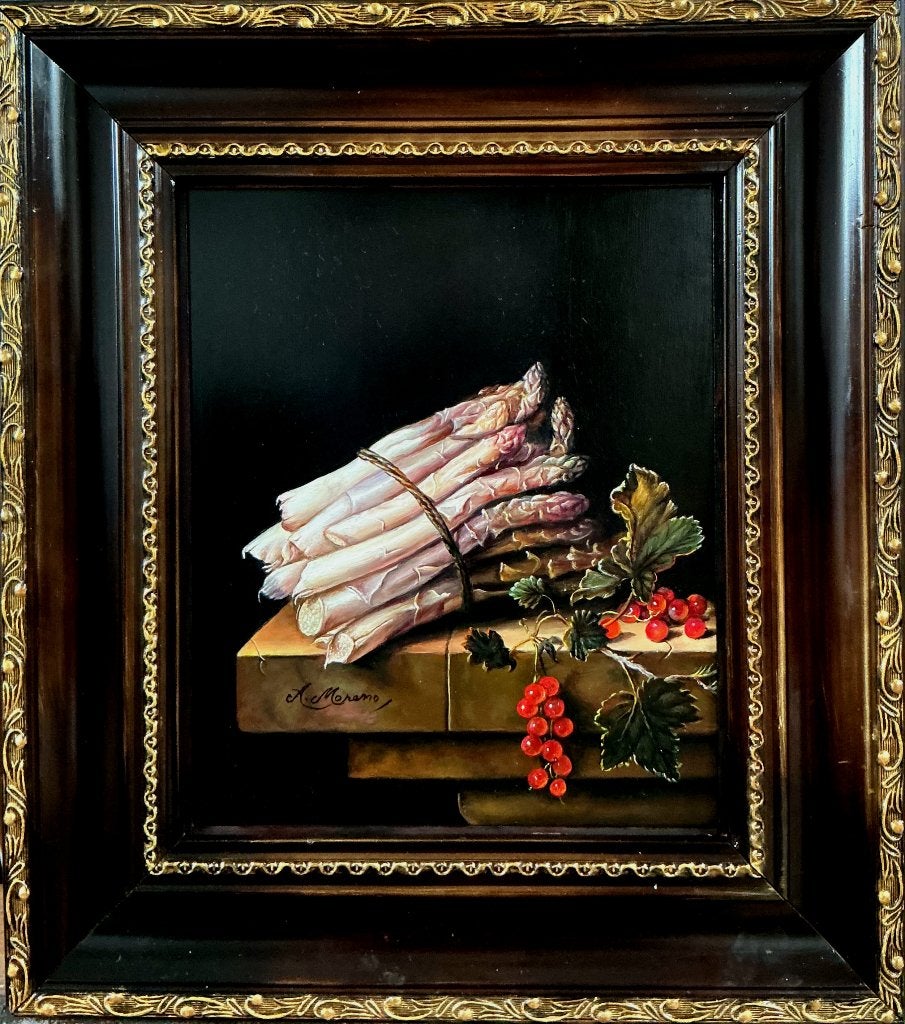 Stilleven met asperges en aalbessen. ( A.Moreno, 1947 ), Ingelijst, Paneel, Stilleven, Ophalen of Verzenden