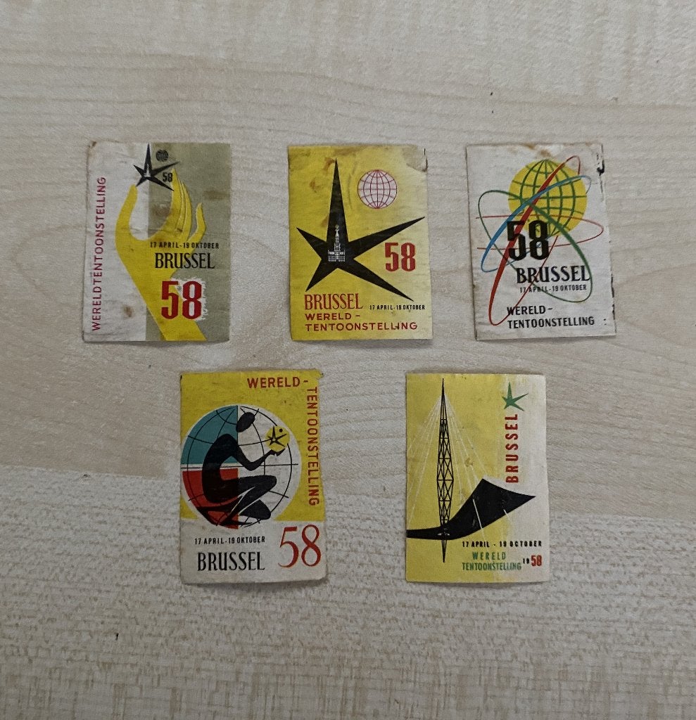 50 jaren 5 oude luciferplaatjes van EXPO 58 BRUSSEL, Ophalen of Verzenden, Gebruikt, Overige typen