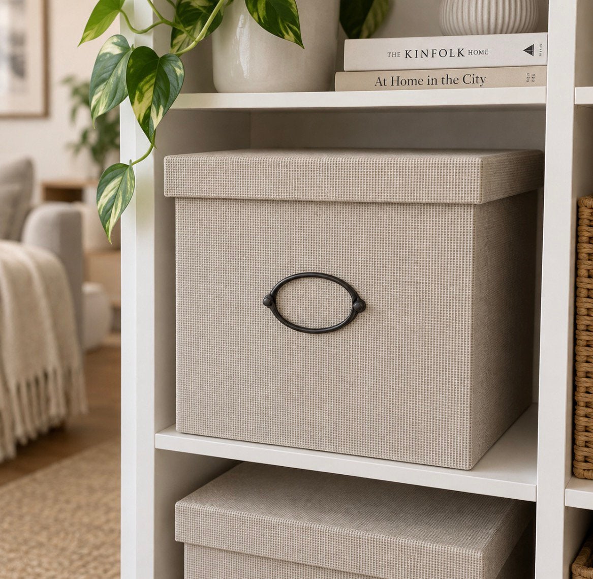 Mooie en praktische IKEA KVARNVIK opbergdoos in linnen beige, Ophalen, Zo goed als nieuw