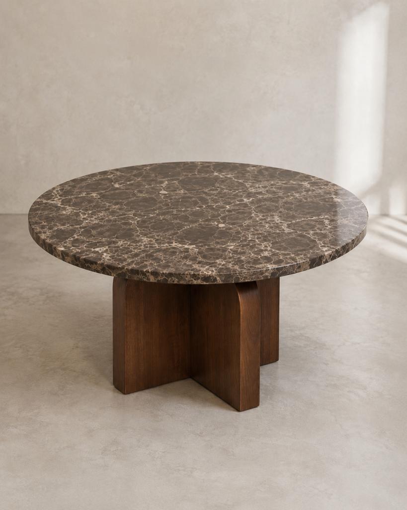 Luxe salontafel Ø90 cm  Dark Emperador marmer & walnoot poot, Overige materialen, 50 tot 100 cm, Rond, Nieuw
