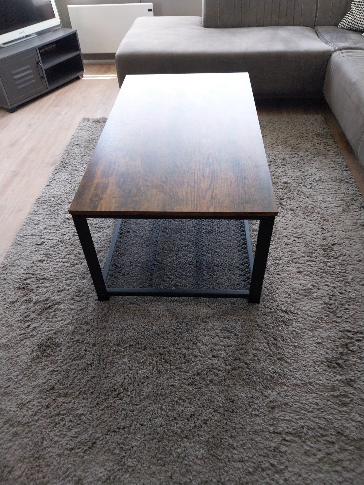 Salontafel donkerbruin met zwart metaal, Ophalen, 100 tot 150 cm, 50 tot 100 cm, Metaal