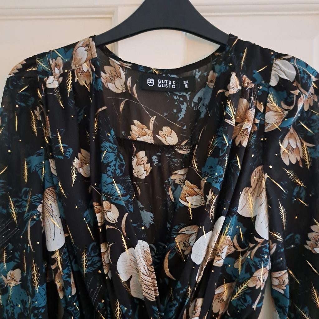Guts & Gusto jurk zwart + beige turkoois bloemen M nr 50494, Maat 38/40 (M), Guts & Gusto, ., Zwart