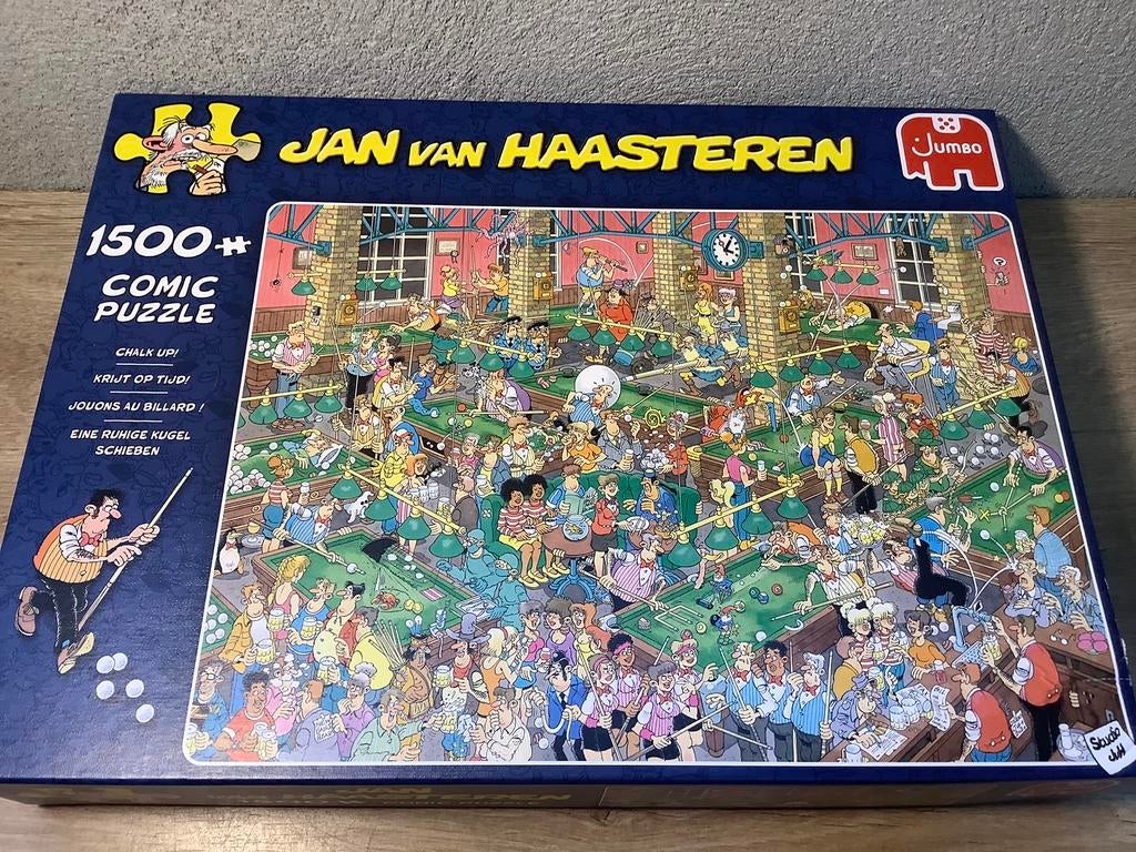 Van Haasteren puzzel krijt op tijd biljart legpuzzel 1500, Ophalen of Verzenden, 500 t/m 1500 stukjes, Gebruikt, Legpuzzel