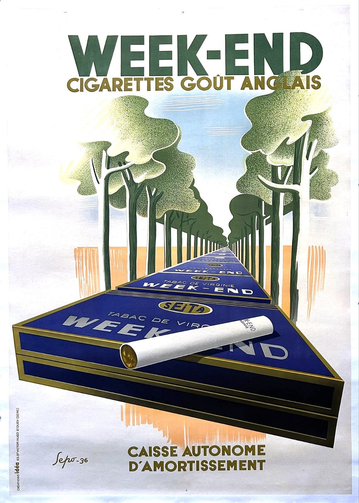 Vintage Week-End Sigaretten Reclame Poster (1936), Ophalen of Verzenden, Gebruikt, Reclamebord