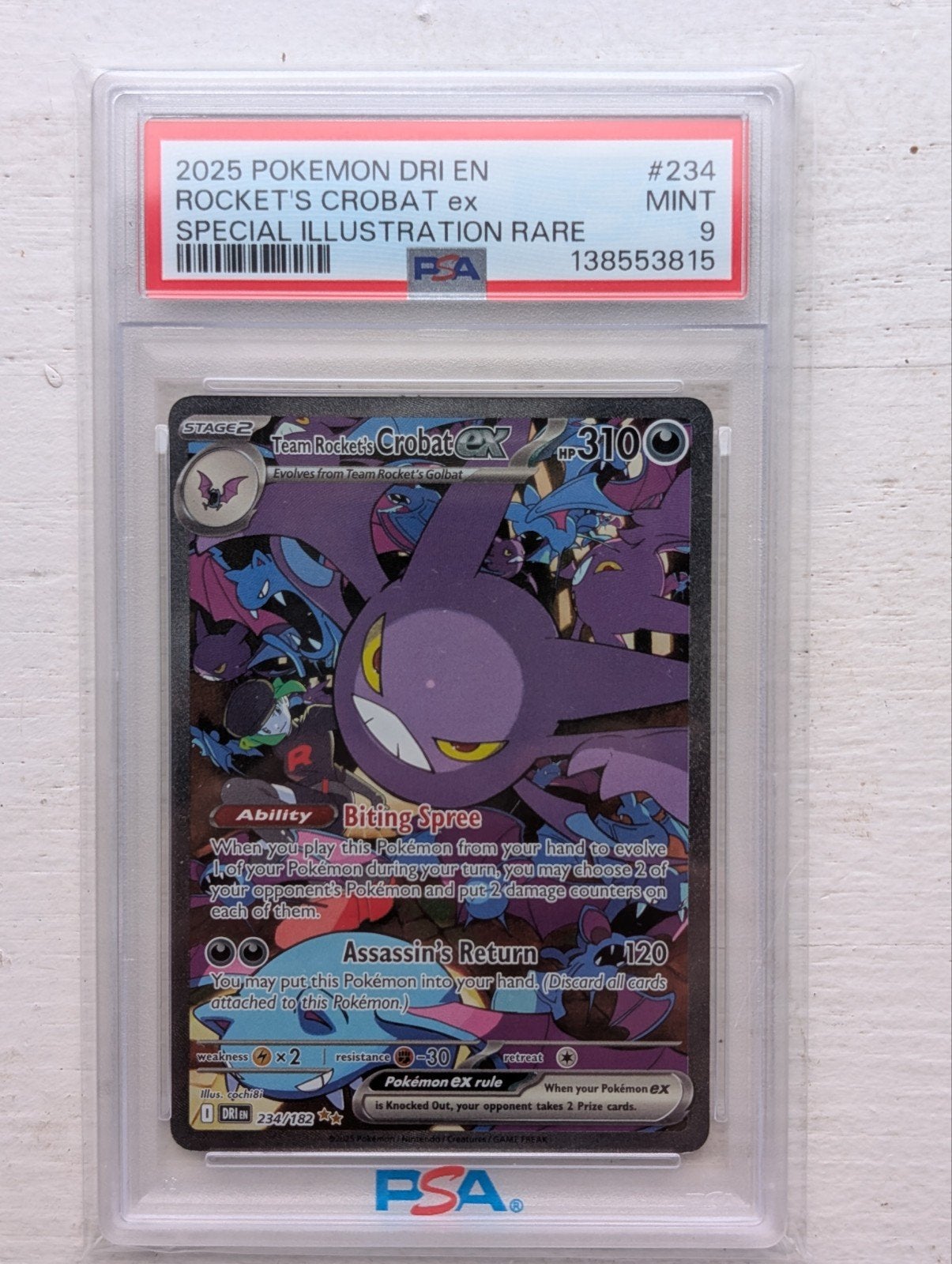 Pokémon - PSA 9 - Team Rocket's Crobat ex SIR (DRI 234/182), Ophalen of Verzenden, Zo goed als nieuw, Losse kaart, Foil